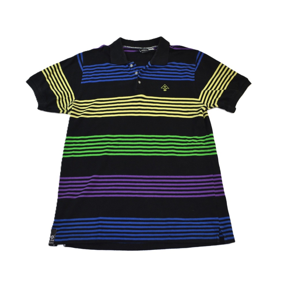 LRG Mens Large Polo Shirt Black Multi-Color Striped Short Sleeve Cotton Pique